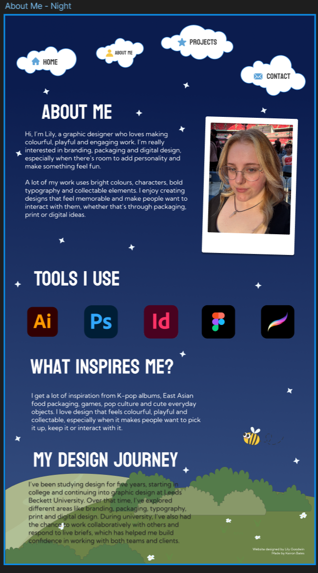 About page in night theme with bio, tools, and landscape footer.