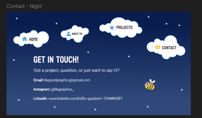Contact page in night theme with email and social links.
