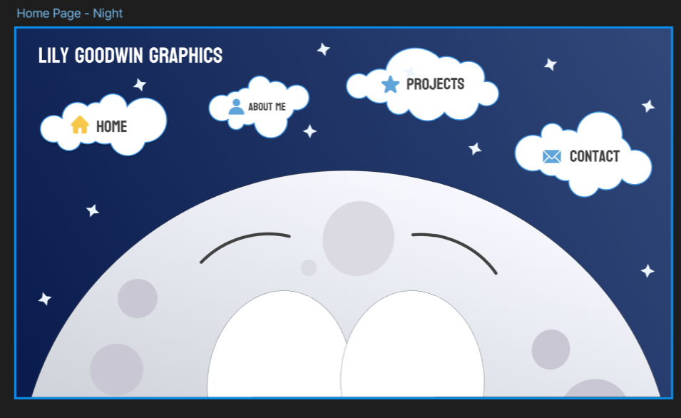 Lily Goodwin Graphics home page in night theme with moon and starfield.