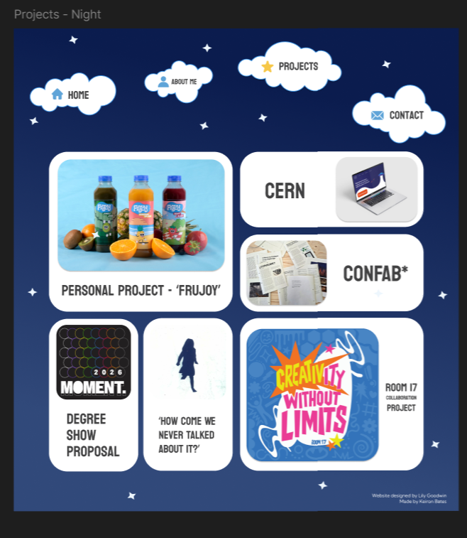 Projects grid in night theme with white rounded project cards.